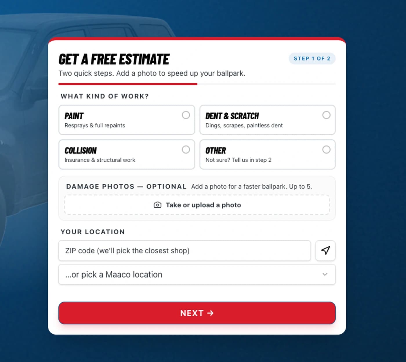 The Maaco Chicago two-step estimate form that feeds the lead pipeline.