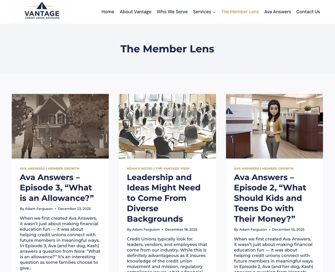 The Member Lens section of the Vantage website, anchoring the thought leadership strategy.