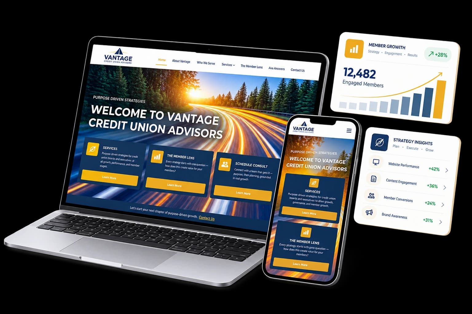 Vantage Credit Union Advisors website on a laptop and phone with member growth and strategy insight dashboards.