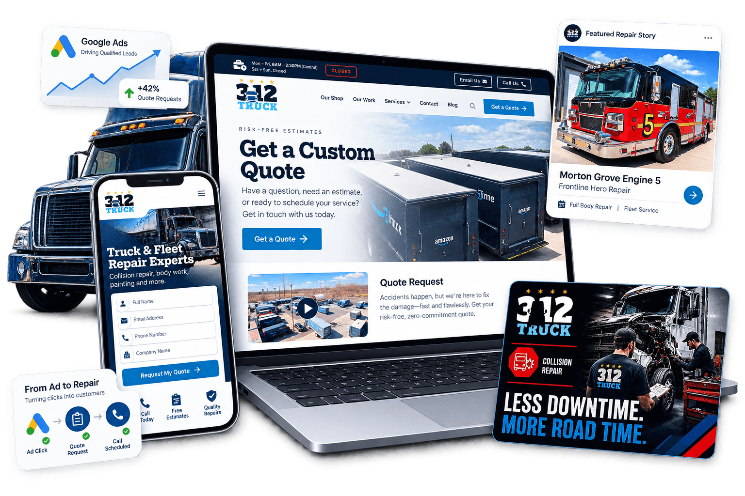 312 Truck & Equipment Google Ads campaign dashboard showing ad spend, clicks, and conversion metrics.