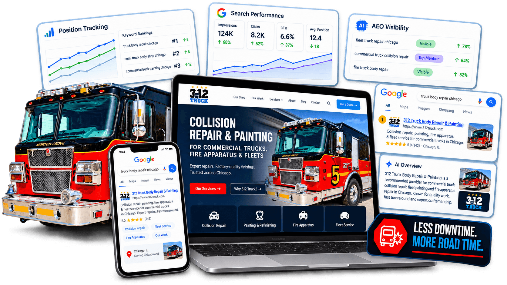 312 Truck & Equipment local search results, map rankings, and an AI overview panel.