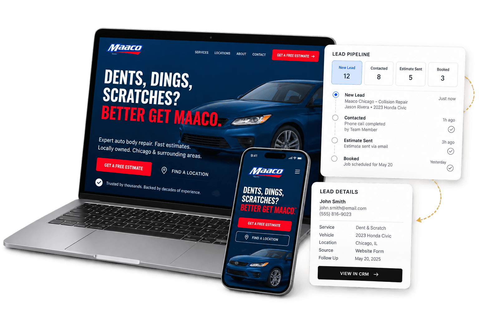 Maaco Chicago website shown on laptop and mobile with lead pipeline and CRM workflow.
