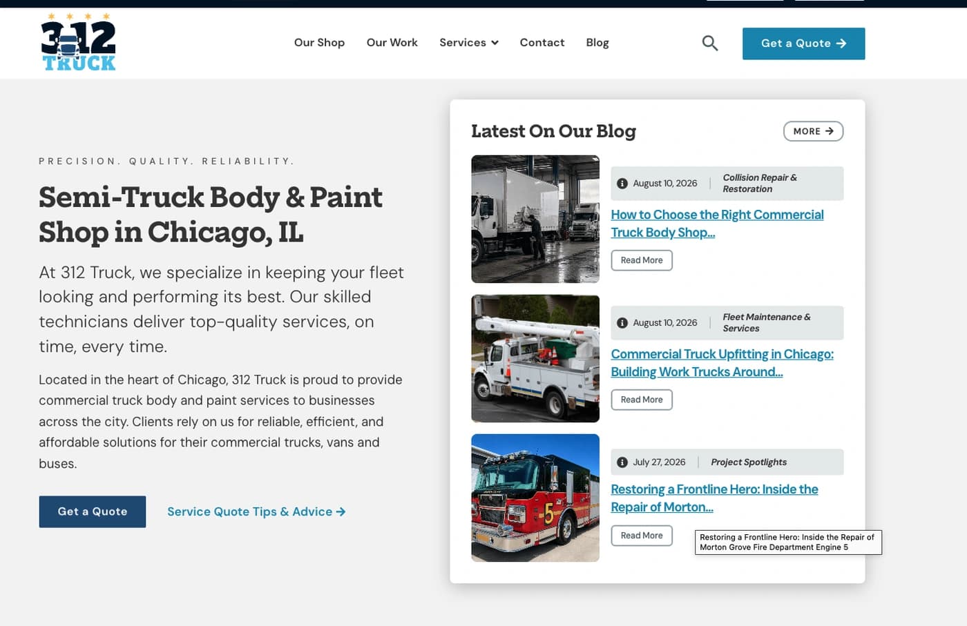 312 Truck service page and blog content supporting the SEO strategy.