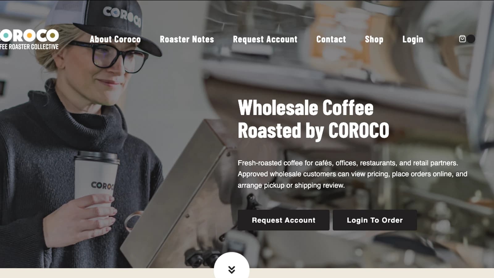 COROCO wholesale website hero with Karen in the roastery and the account and login path.