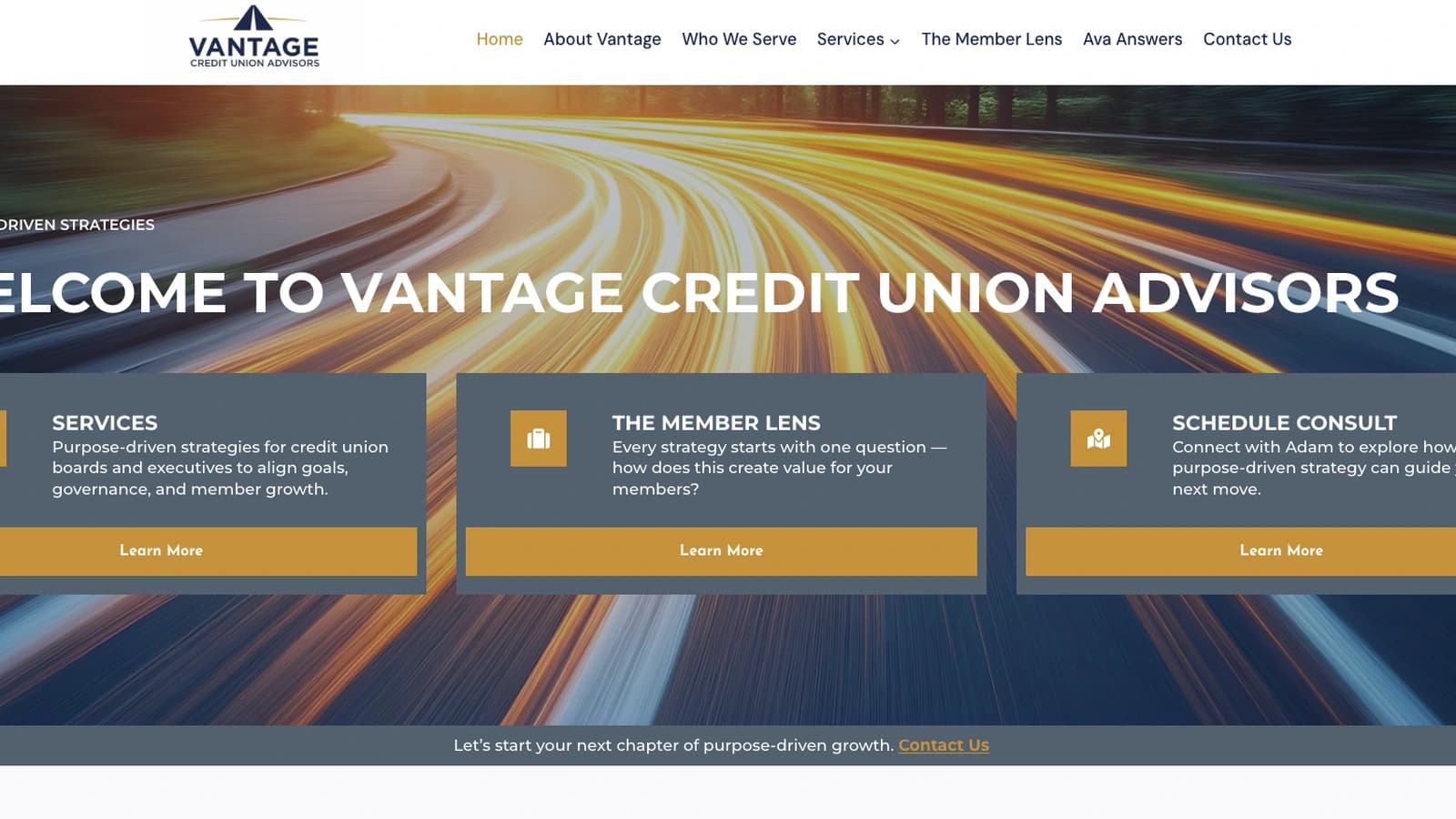 Vantage Credit Union Advisors website hero with positioning, the Member Lens and the consult path.