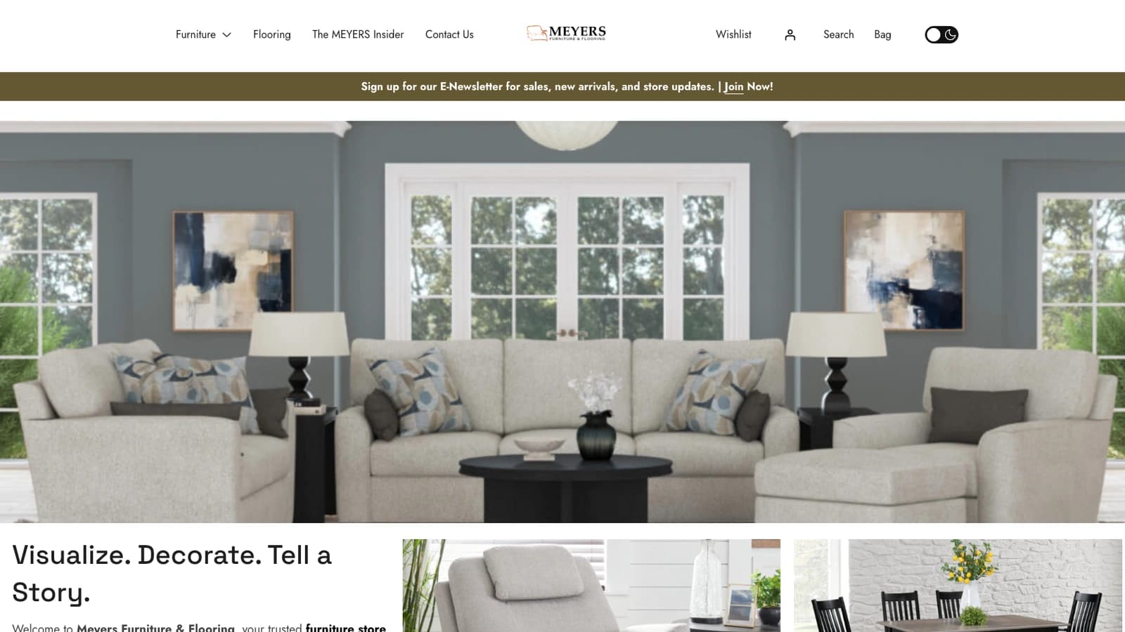 Meyers Furniture homepage hero with the Visualize. Decorate. Tell a Story headline.