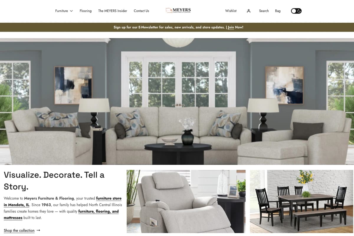 Meyers Furniture homepage with showroom selection and product storytelling.