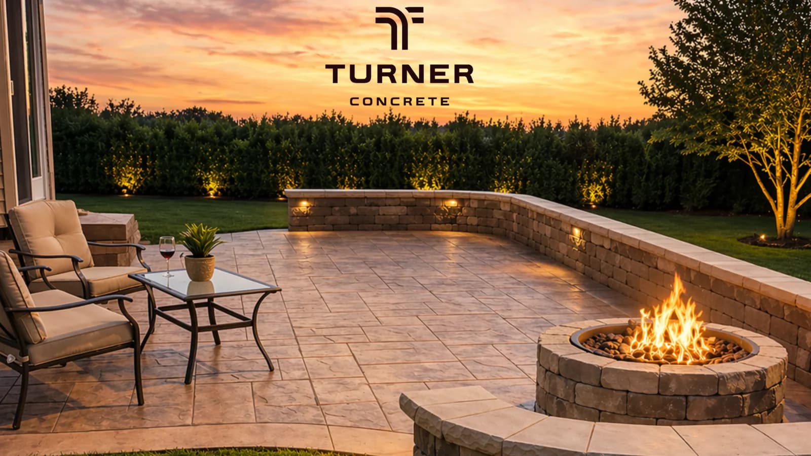 Turner Concrete stamped patio and fire-pit at sunset with Turner Concrete logo.